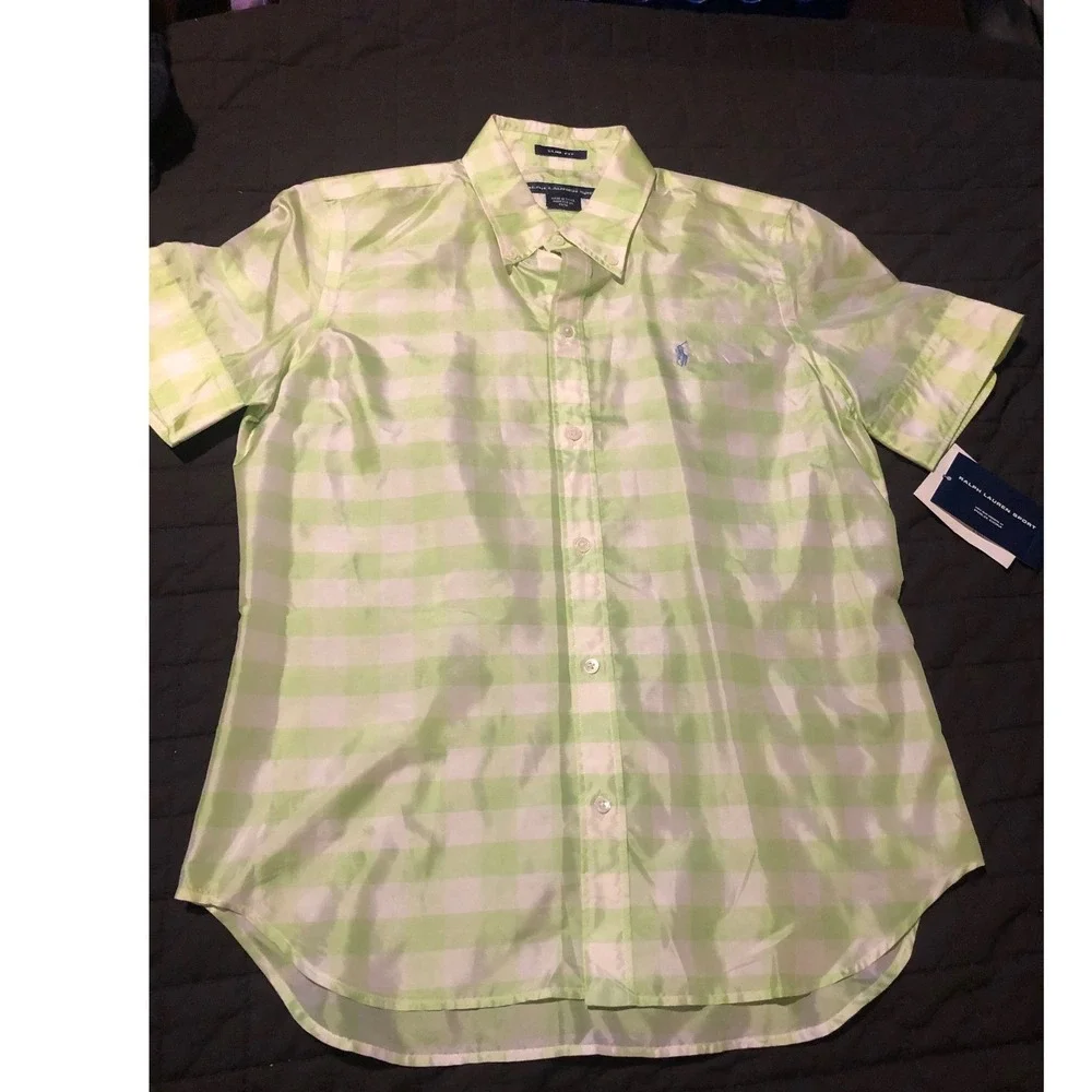 Ralph Lauren Sport Silk Button Down Shirt Green Plaid Slim Fit‎ Size S